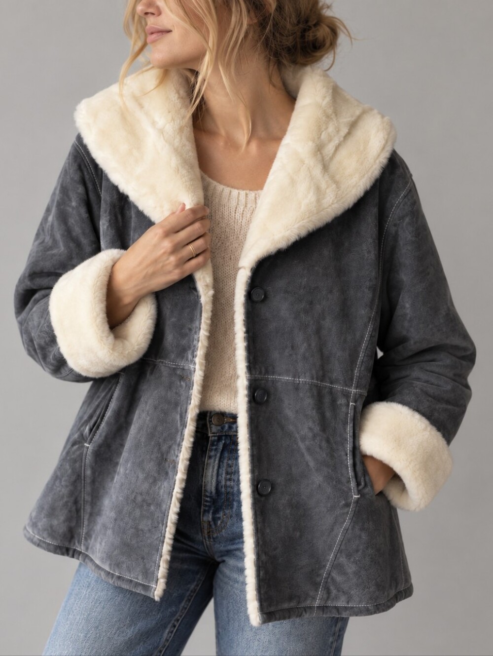 Vintage Marvin Richards Gray Genuine Leather Faux Fur Coat Jacket Womens Size 2X